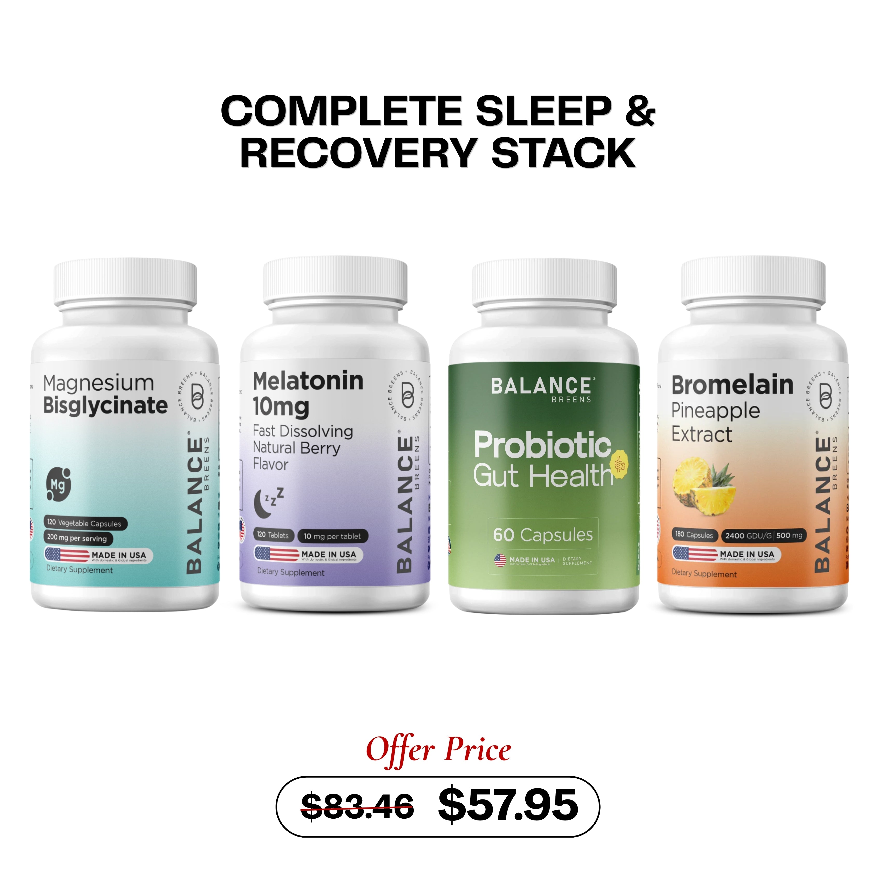 Complete Sleep & Recovery Stack: Magnesium + Melatonin 20mg + Probiotic + Bromelain