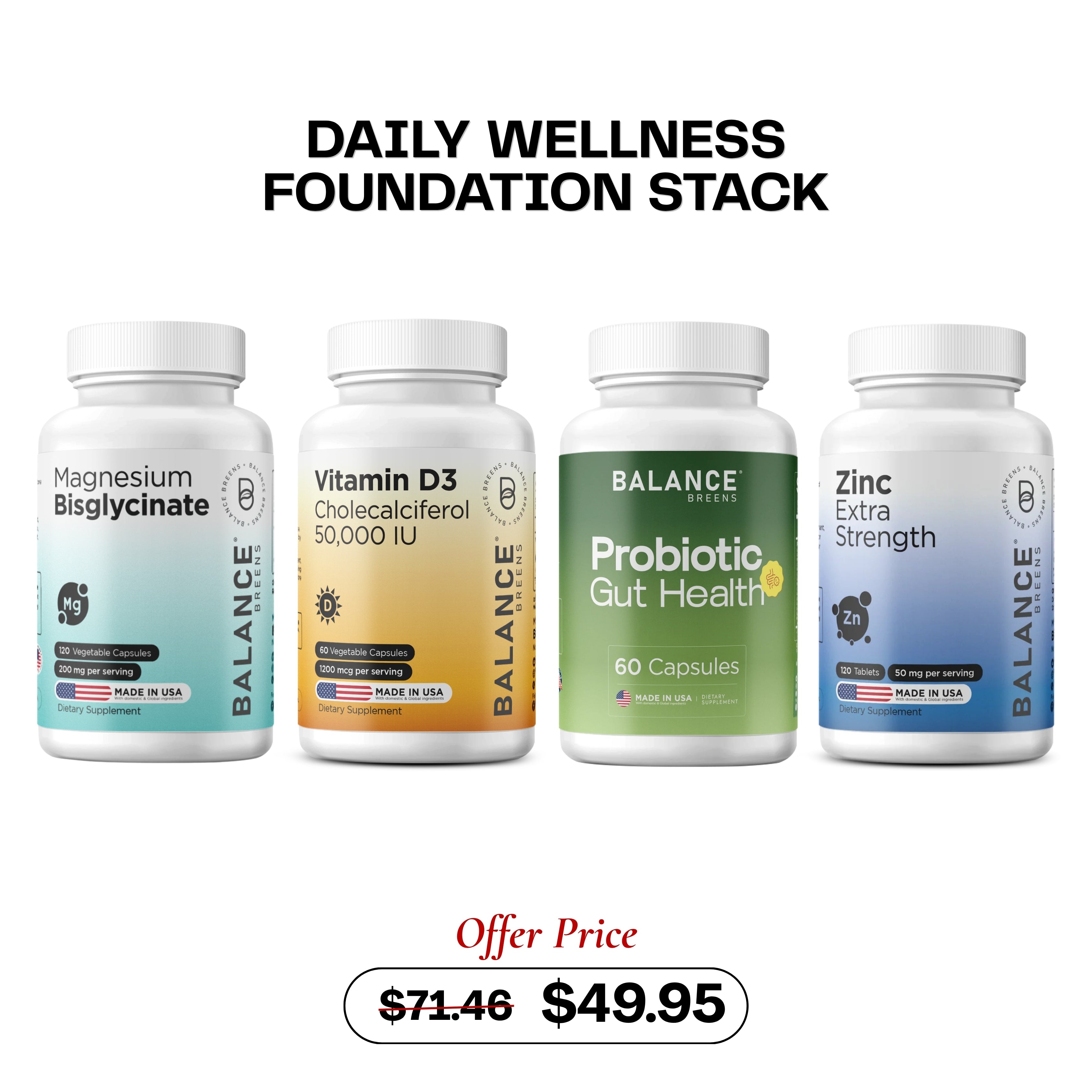 Daily Wellness Foundation Stack: Magnesium + Vitamin D3 + Zinc + Probiotic