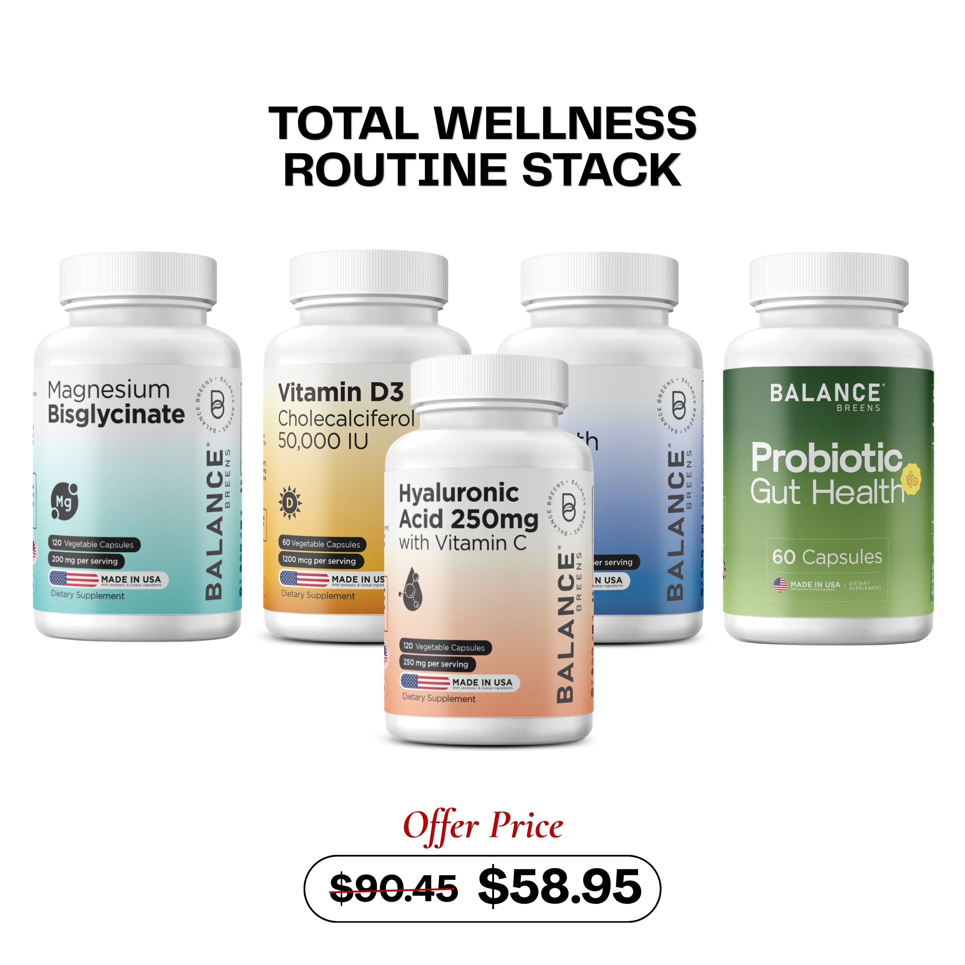 Total Wellness Routine StackMagnesium + Vitamin D3 + Zinc + Probiotic + Hyaluronic Acid