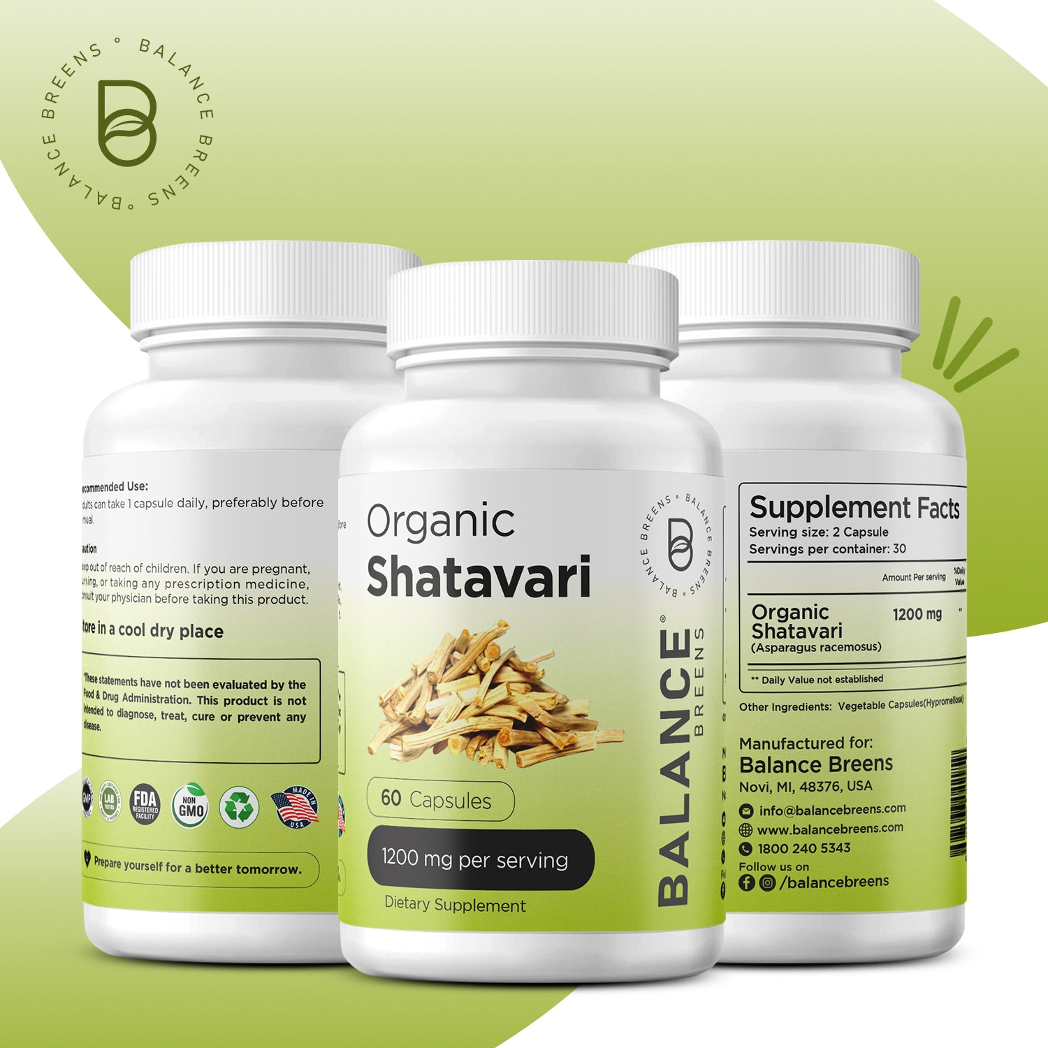 Organic Shatavari 1200mg, 60 Capsules